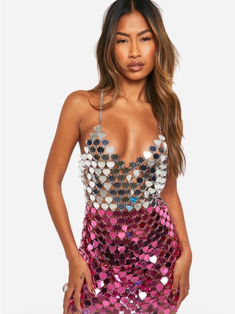 Silver & Hot Pink Sequin Heart Chain Dress